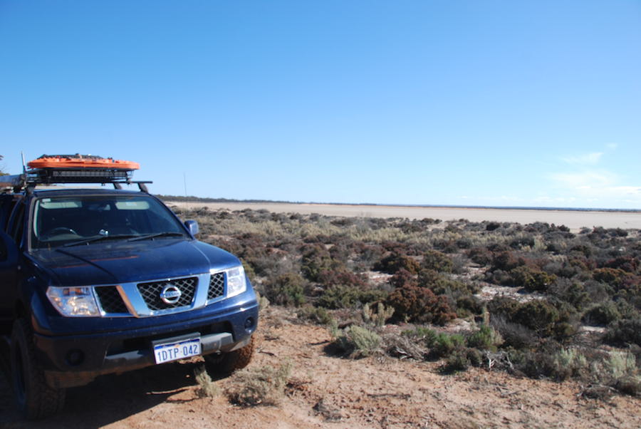 Kim in the Navara at Lake Carmody.