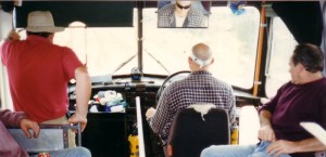 Kamikaze Kim at the wheel of The Bus on the 'Highway to Hell' (after it had dried out).