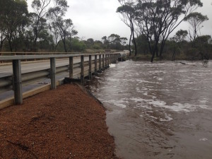 The floodwaters nearly reached the height of the bridge.