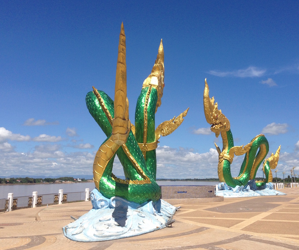 Nong Khai is the mythical home of the naga serpents - these dragon monuments are on the river plaza.