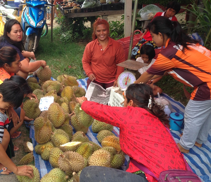 Selling durian at Sam Roi Yot Markets.