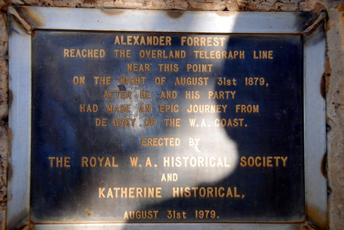 The plaque at the Forrest memorial, 40 km south of Larrimah.