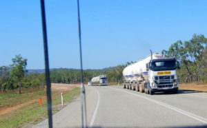 Two road trains heading north on Stuart Highway.