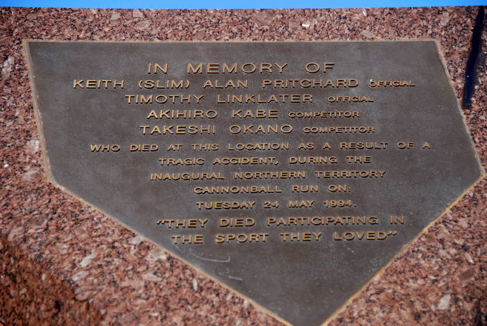Plaque commemorating the deaths of four participants in the ill fated Cannonball Run.