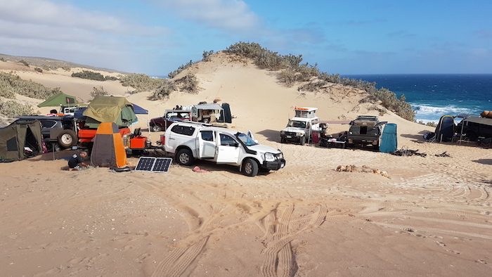 Camping in the dunes back from the beach, Zuytdorp Cliffs, Indian Ocean, 40 km north of the Murchison River on Murchison House Station.