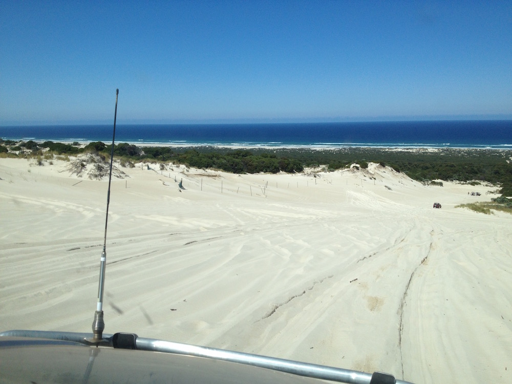 Driving down Yeagarup Hill to get to the beach.