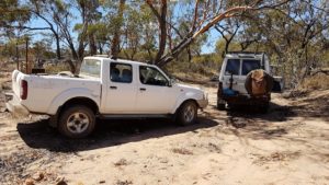 Kerry's Navara and Mushy's Troopy in the creek bed.