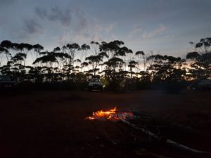 A good campfire on the first night on the Holland Track resisted the blitzkrieg storm that hit us twice..