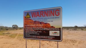 The 'no nonsense' warning sign at Mt Sandiman station. The target audience here is those attempting to cross the Kennedy Range but the warnings and recommendations apply equally well to the Moogooree Track.