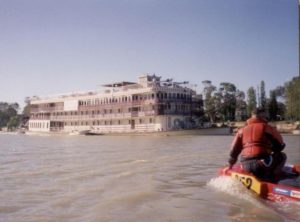 Scott and Cliff approaching the tourist riverboat, Murray Princess.
