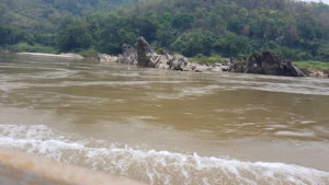 Rocks line the bank.