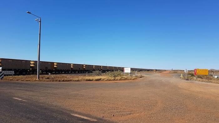 Waiting for an ore train when leaving Hedland.