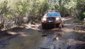 Craig takes his Cruiser through the Murray River Fireline mudhole 100 metres before Driver Road.