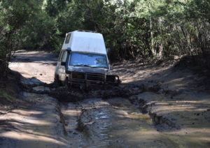 Steve takes his camper through the mudhole.