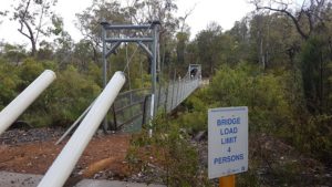 Suspension bridge below the Falls of Forth to allow cyclists on the Munda Biddi track to get across the Kent River.
