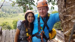 Tassy and Kim on a zipline platform.
