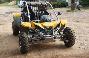One of the many buggies for hire in Vang Vieng. The lack of a licence plate doesn't stop thrill seekers from driving them around the streets and back roads of Vang Vieng.