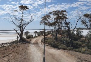 The waters of Lake Campion are on both sides of the narrow track.