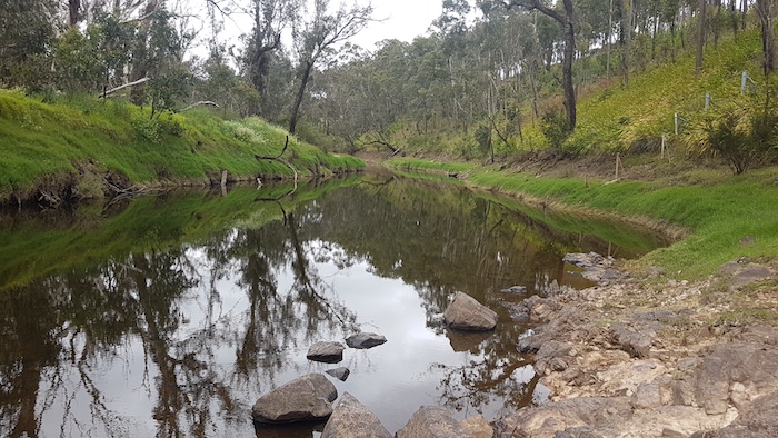 Rock outcrop at the Riverbend Caravan Park, Nannup. No trout.