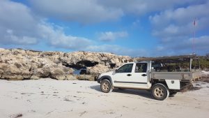 Rocks block the way south of Leeman.