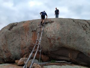 Peter climbed a pretty dodgy ladder to join Scott at the top of the rock.