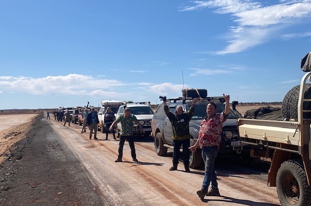 Our convoy on the Lake Carey causeway.